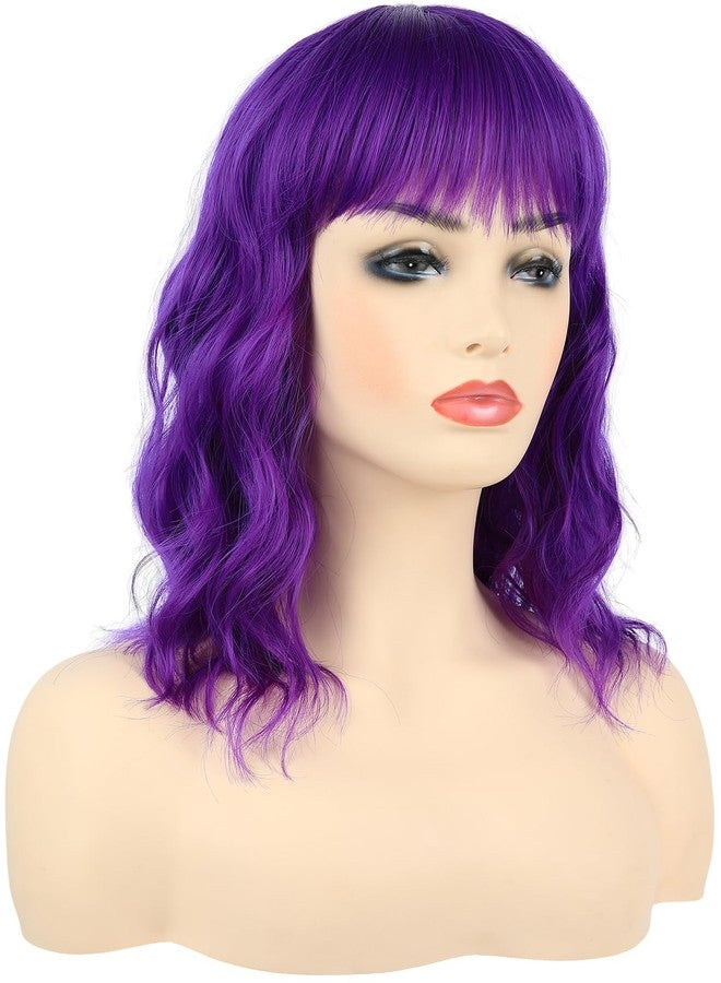 morvally Short Wavy Wig with Bangs for Women 16 Inches Natural Synthetic Hair Bob Wigs (Dark Purple) - Image 3